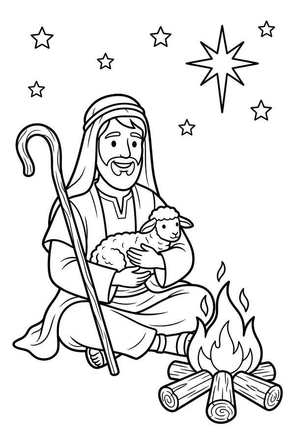 Ausmalbild: der Hirte mit dem Laemmchen am Feuer