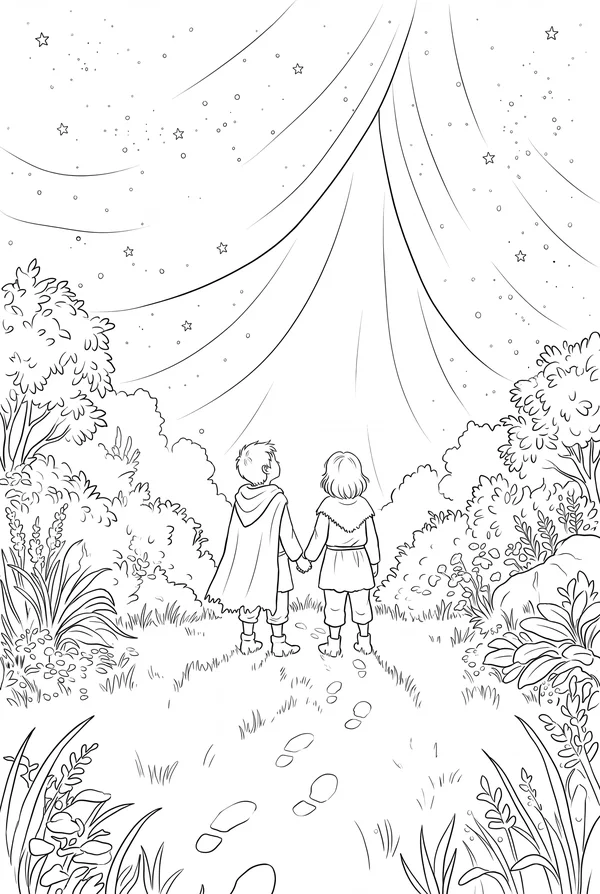 Coloring page from the book: the two children in the garden